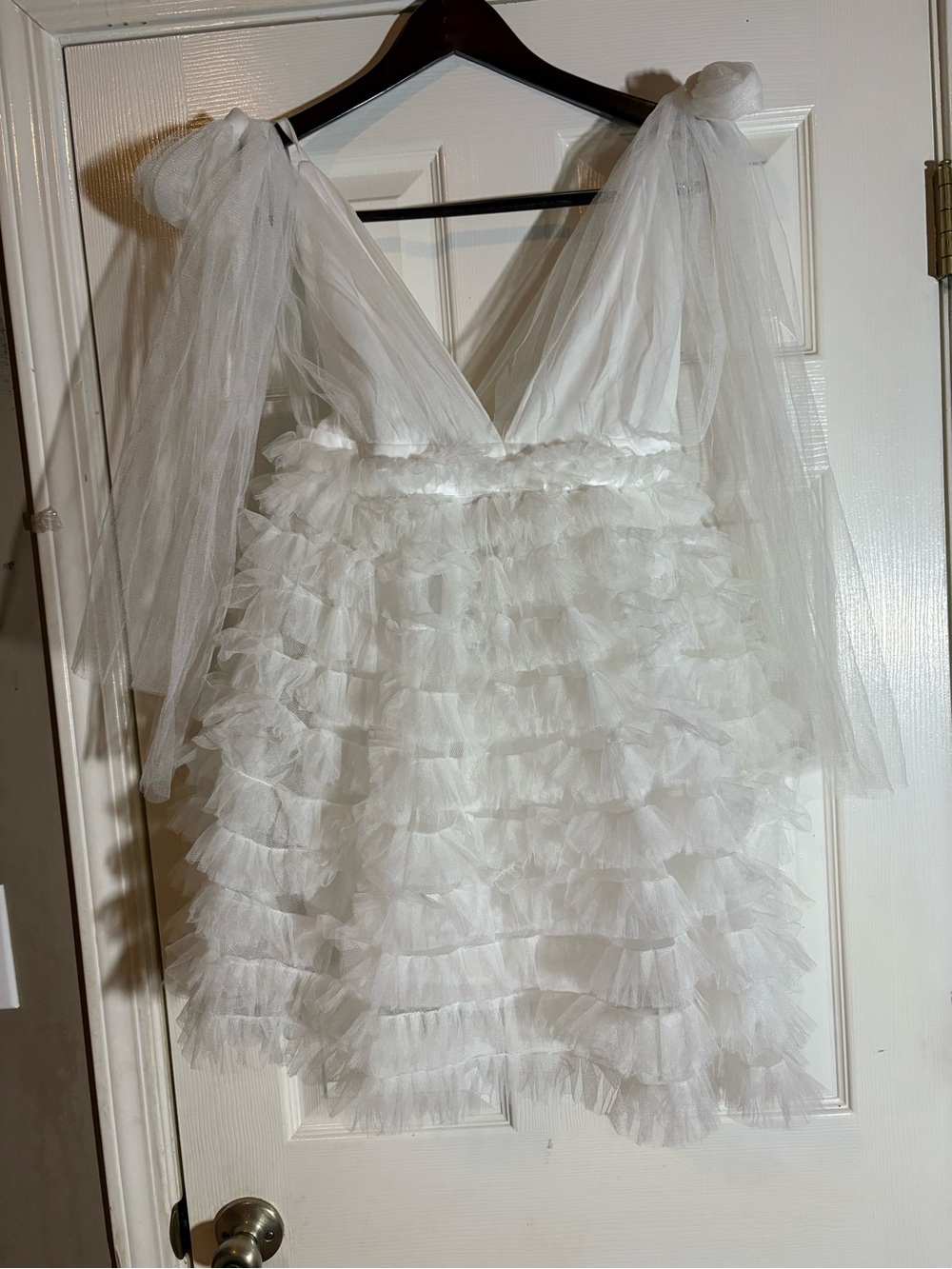 Ivory Ruffled Tulle Formal Dress with Bow Shoulder Ties